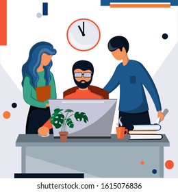 A man works at a laptop surrounded by colleagues. The working process. Technology and business.