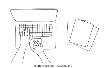 A man works at a laptop. There are documents nearby. Typing. Typing Day. Vector illustration. Images produced without the use of any form of AI software at any stage. 