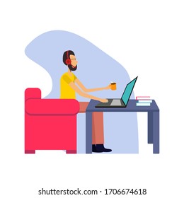 A man works at a laptop, vector illustration for sites, companies