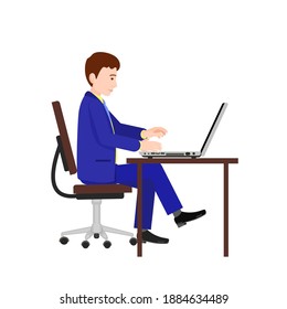 a man works at a laptop. Vector image of a person for animation.  Editable strokes. Editable movement. A man in a suit sits sideways at a Desk with a laptop.
