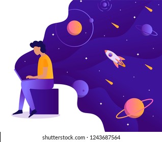 A man works at a laptop in which space. Web development business concept. Creativity, programming, creation of new websites and applications.  Flat vector illustration.