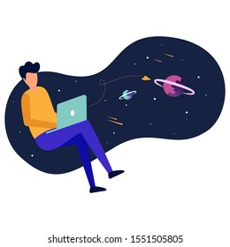 A man works at a laptop in which space. Web development business concept. Creativity, programming, creation of new websites and applications. Flat vector illustration.