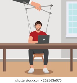O homem trabalha em um laptop enquanto é manipulado como um fantoche por uma mão grande acima. Ilustração de vetor plano isolada no plano de fundo branco