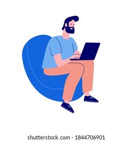 A man works at a laptop while sitting in a chair. Freelancer. Vector illustration in a flat style. The guy studies at home, takes lessons online