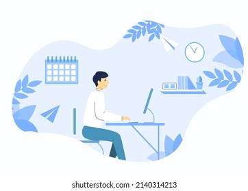 The man works from the office at the computer. Cozy working environment. Creative illustration for offices, banners, posters. Business poster with vector graphics.