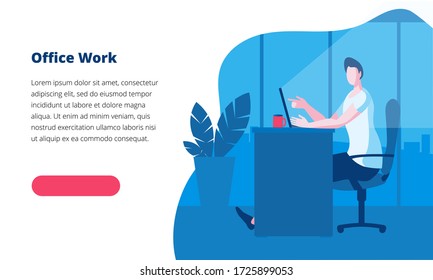 A man works in the office at the computer in the evening. Template for a horizontal banner.