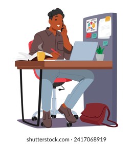 Man Works In Office, Performing Tasks Such As Analyzing Data, Attending Meetings And Collaborating On Project Using Computer To Contribute To Organizational Goals And Productivity. Vector Illustration