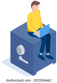 Man works on computer in banking sector. Businessman sitting on safe with laptop in his hands and working with finances. Banker counts money in bank. Safe for storing currency flat vector illustration
