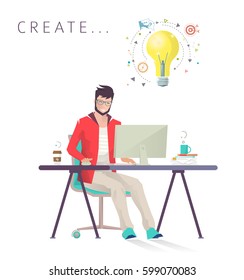 Man works on computer. Designer. Creative process. Business, office work, workplace. Flat design vector illustration.