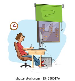 Man works on the computer. Hand drawn sketch vector illustration.