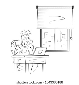Man works on the computer. Hand drawn sketch vector illustration.