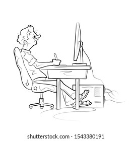 Man works on the computer. Hand drawn sketch vector illustration.