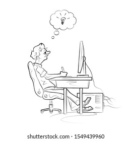 Man works on the computer. Hand drawn sketch vector illustration.