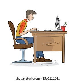 Man works on the computer. Hand drawn sketch vector illustration.
