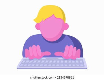 The man works on the computer. Hands and Keyboard. Vector flat illustration. Icon, sign. 