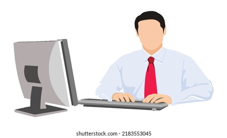A man works on a computer. Happy businessman is sitting at the desktop. Work the computer and financial analytics. Office worker or company employee. Front Vector illustration in cartoon style Isolate