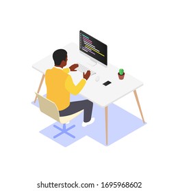 A man works on a computer at his desk. Vector isometric illustration on a white background.