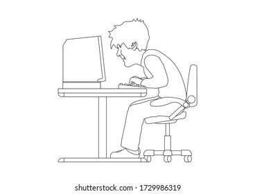 Un hombre trabaja en la computadora de su oficina principal como dibujo de esquema 