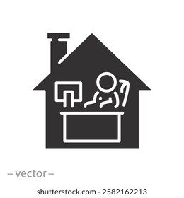 man works on the computer in house, office home icon, freelance in quarantine time, flat vector illustration