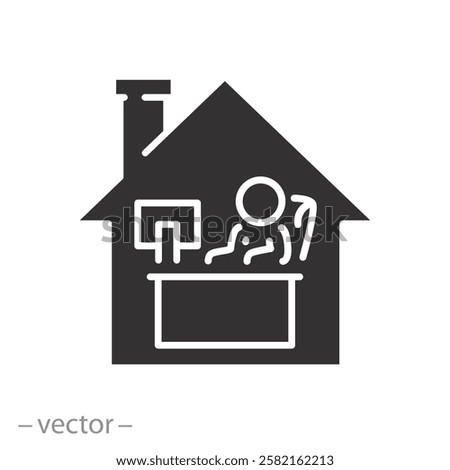 man works on the computer in house, office home icon, freelance in quarantine time, flat vector illustration