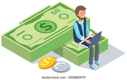 Man works on computer in online banking. Money, bills and foreign currency concept. Businessman sitting on dollar bills with laptop in hands and working with finances. Banker counts money in bank