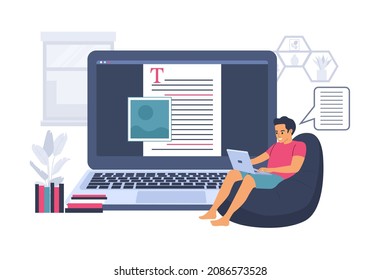 Un hombre trabaja en una computadora con texto. Concepto de blogger o redactor de copias. Ilustración vectorial.