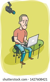 A man works on his laptop under the watchful eye of a camera