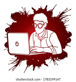 Man works on his laptop cartoon graphic vector.