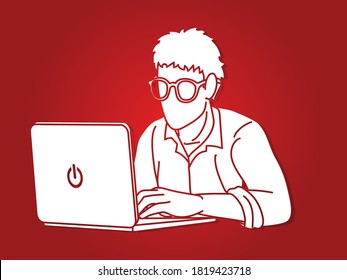 Man works on his laptop cartoon graphic vector.