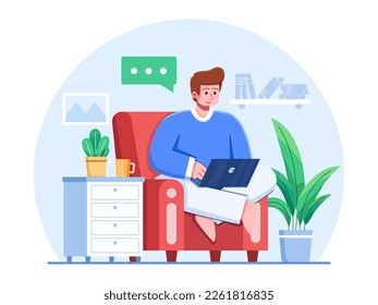 A man works on his laptop while seated comfortably on a sofa in his home.
A freelancer works efficiently from anywhere with just his laptop.
Can be used for web, landing page, blog, etc.