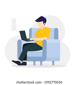 A man works on a laptop on an armchair. Work from home concept. Freelance concept. landing page website illustration flat vector template.