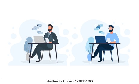 Man works on a laptop. Flat style. Vector illustration