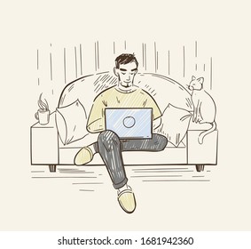 A man works on a laptop. Freelancer works at home on the sofa. Vector illustration in lineart style.