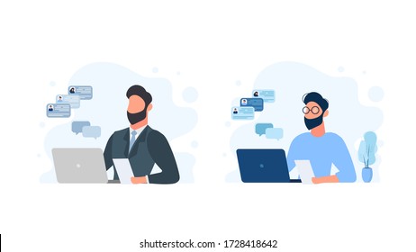 A man works on a laptop. The guy is sitting at the table with a laptop. Flat style. Good for image work, office, hiring staff. Vector illustration