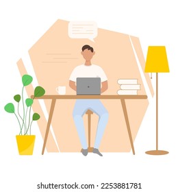 A man works on a laptop. The guy is sitting at the table with a laptop. Flat style. Good for image work, office, hiring staff. Vector illustration