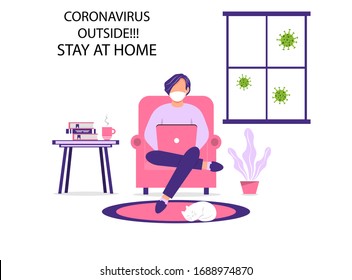 A man works on a laptop at home. Work at home during an outbreak of the COVID-19 virus. People work at home to prevent a viral infection. Self-isolation to prevent the spread of coronovirus infection.