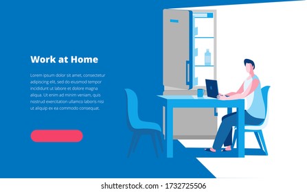 A man works on a laptop at home in the kitchen near the refrigerator. Vector illustration in a flat style on the theme of work at home. Template for a horizontal banner.