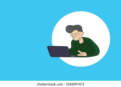 A man works on a laptop. Illustration for job search, for remote work. Vector
