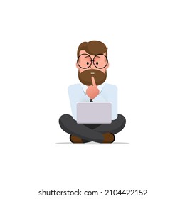 Man works on a laptop. Male is sitting cross-legged with a gesture of thinking or thinking. Character man with glasses and a beard. Illustration in flat style. Vector