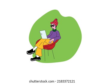 A man works on a laptop. Remote profession. Vector.