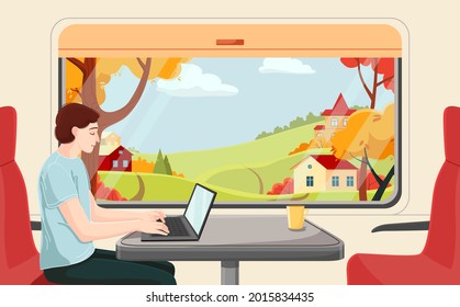 A Man Works On A Laptop In A Train Carriage. Vector Colorful Illustration. Autumn Landscape With Houses, Fields And Trees Outside The Window. Comfortable Train Carriage. Traveling By Rail.