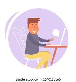  Man works on a laptop Vector. Cartoon. Isolated art on white background. Flat