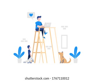 A Man Works On A Laptop While Sitting On A High Chair And Table To Avoid Distraction From Children And Pets When Working At Home