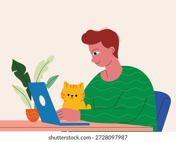Ein Mann arbeitet auf einem Laptop, während seine Katze neben ihm sitzt. Minimalistische Illustration als Symbol für modernen Work-from-Home-Lebensstil