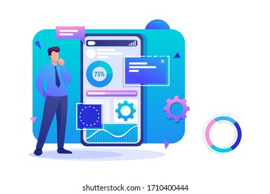Man trabaja en una aplicación móvil para la recolección de datos. Carácter 2D plano. Concepto de diseño web