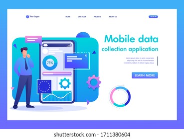 Man works on a mobile application for data collection. Flat 2D character. Landing page concepts and web design.