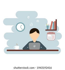 Man works on notebook at the table in the room, browsing with coffee, businessman's workplace, vector illustration in blue color, flat design