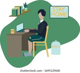 A man works on self-isolation. Home Office. Stay home. Remote quarantined work due to coronavirus. Made in vector.