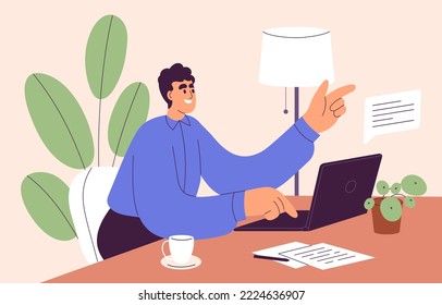 El hombre trabaja en línea en un ordenador portátil, sentado en la oficina, en la mesa. Feliz empleado en el lugar de trabajo durante la comunicación empresarial en internet. Ilustración vectorial gráfica plana aislada en fondo blanco