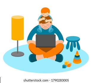 A man works online on a laptop from home. Freelance worker with a child in the workplace, at home. The father sits cross-legged on the floor. The child sits on the father's neck. Flat illustration.
